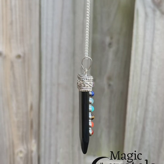 Black-Obsidian-seven-chakras-necklace.ooking for Chakra Jewelry? Shop for 7 Chakra Single Point Pendant Necklace at Magic Crystals. This pendant features seven stones that connect with the seven chakras all aligned atop a crystal point. chakra necklace, 7 chakra stones, yoga necklace with crystal gemstones. handmade crystals, gifts for her, gifts for him