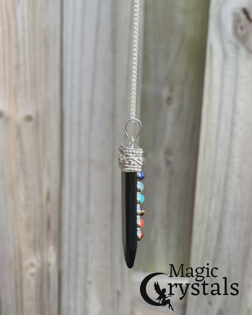Black-Obsidian-seven-chakras-necklace.ooking for Chakra Jewelry? Shop for 7 Chakra Single Point Pendant Necklace at Magic Crystals. This pendant features seven stones that connect with the seven chakras all aligned atop a crystal point. chakra necklace, 7 chakra stones, yoga necklace with crystal gemstones. handmade crystals, gifts for her, gifts for him