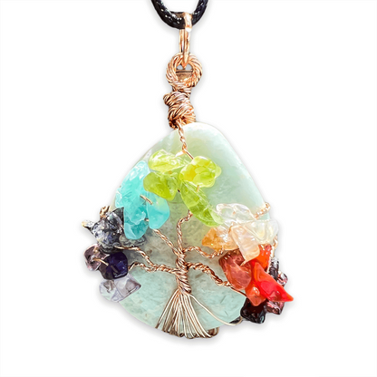 Amazonite-Tree-Of-Life-Chakra-Necklace. Looking for a gift for mother/her, tree of life necklace, stone necklace, pendant? Shop at Magic Crystals for a 7 Chakra Tree Of Life Drop Necklace. 7 Chakra necklaces, and seven chakras jewelry pieces. Handmade Natural Amethyst Crystal. Amethyst Drop shape, teardrop, Protection Necklaces. 