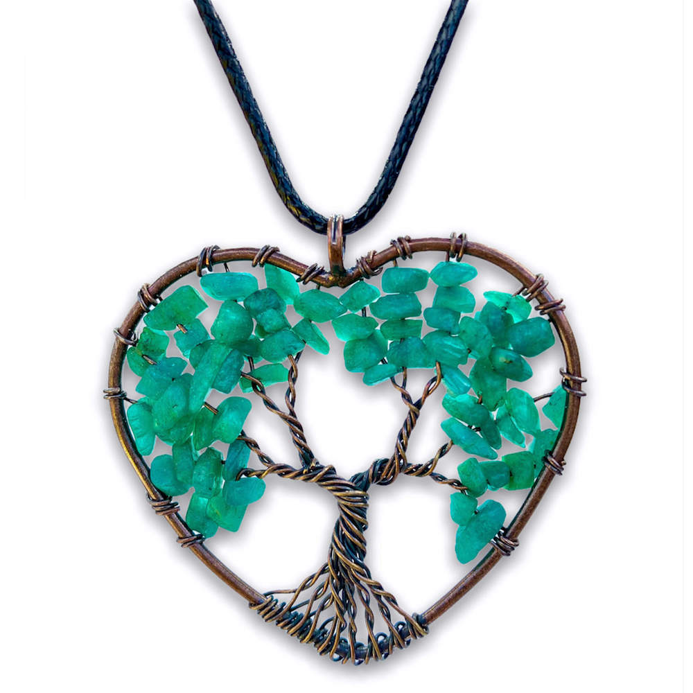 Amazonite-Tree-of-Life-Copper-Wire-Heart-Necklace. Looking for Copper Jewelry? Magic Crystals offers handmade Heart Copper Wire Wrapped,  Tree Of Life,  Hematite Pendant Necklace, 7th Anniversary Gift, Yggdrasil Necklace for Him or Her Gift. Heart Gift perfect for any occasion. Heart Necklace With gemstones. Tree of Life made of copper in a pendant necklace.
