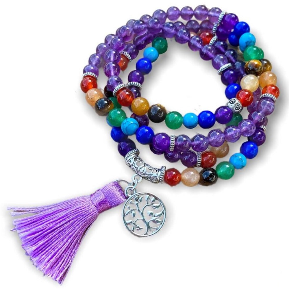 Amethyst-7-Chakra-Prayer-Necklace. Shop beautiful hand crafted Seven Chakra Payer Mala Beads Necklace, Chakra Jewelry. High quality Prayer Beads Necklace at Magic Crystals. Magiccrystals.com Inspiring People To Practice Yoga and Meditation. Check out our Mala Necklaces Collection. Mala beads are a string of beads that are used in a meditation practice.