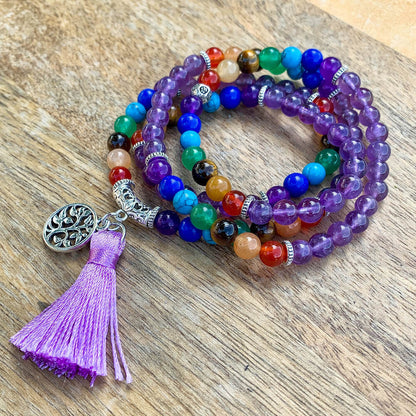 Amethyst-7-Chakra-Prayer-Necklace. Shop beautiful hand crafted Seven Chakra Payer Mala Beads Necklace, Chakra Jewelry. High quality Prayer Beads Necklace at Magic Crystals. Magiccrystals.com Inspiring People To Practice Yoga and Meditation. Check out our Mala Necklaces Collection. Mala beads are a string of beads that are used in a meditation practice.