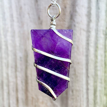 Amethyst-Flat-Obelisk-Pendant.  Looking for a handmade Gemstone Obelisk Necklace? Find the best quality  Obelisk Wire Wrap Pendant w/ Plated Chain,  Wire Wrapped Necklace, Obelisk jewelry, Wire Wrap necklaces, Crown Chakra, Healing when you shop at Magic Crystals. FREE SHIPPING available. Rose Quartz  Flat Point In Silver Spiral Pendant.