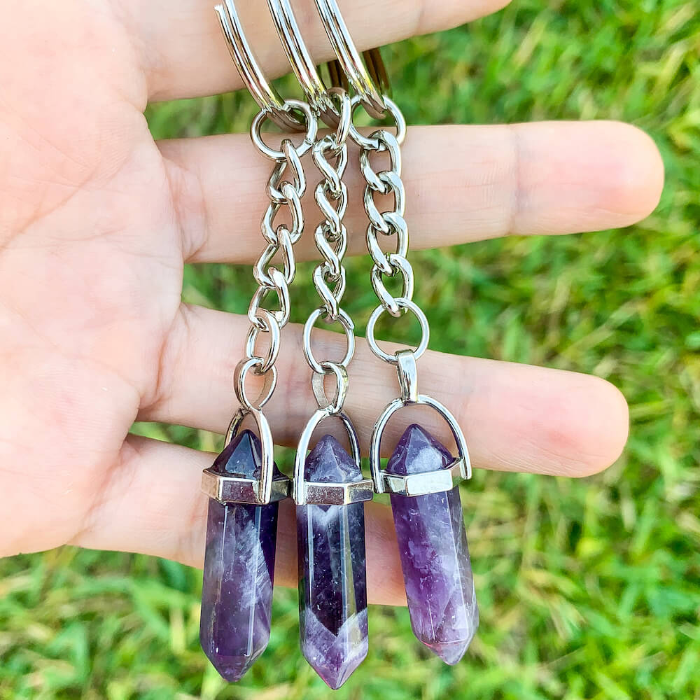 AMETHYST KEYCHAIN. Shop at Magic Crystals for Crystal Keychain, Pet Collar Charm, Bag Accessory, natural stone, crystal on the go, keychain charm, gift for her and him. Amethyst is a great SPIRITUALITY. FREE SHIPPING available. Amethyst Crystal Key Chain, Crystal Keyring, Amethyst Crystal Key Holder. Purple stone keys