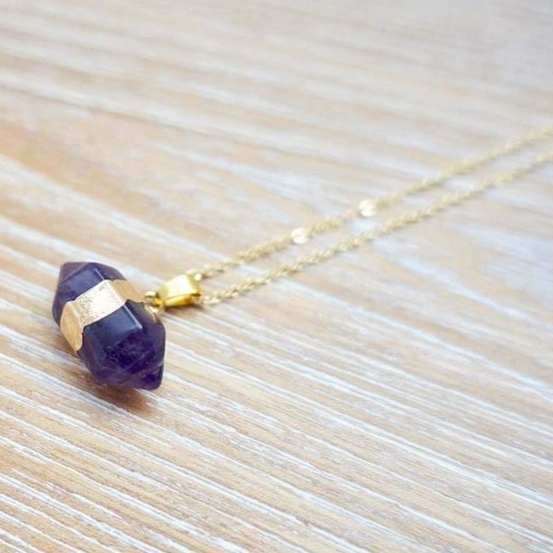 Beautiful Amethyst Necklace - genuine high quality amethyst from Brazil made into a pendant with Silver Chain Necklace with Lobster claw clasp. Genuine Amethyst Stone Gold Pendant Handmade Crystal Necklace at Magic Crystals - FREE SHIPPING. Amethyst helps relieve stress. Magiccrystals.com