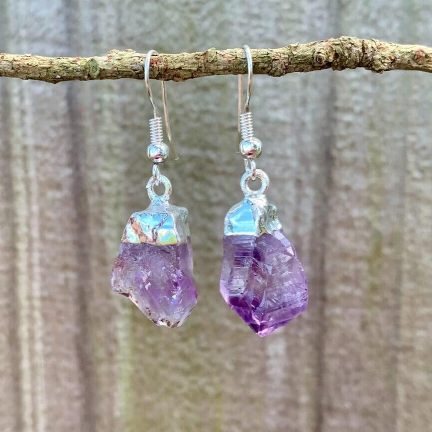 Shop for beautiful Natural Raw Amethyst Dangling Earrings, Silver Dipped with Matching Pendant. Excellent choice for women. available with FREE SHIPPING and in gold. Find a Gold Amethyst Necklace or Silver Amethyst Necklace when you shop at Magic Crystals. February birthstone.