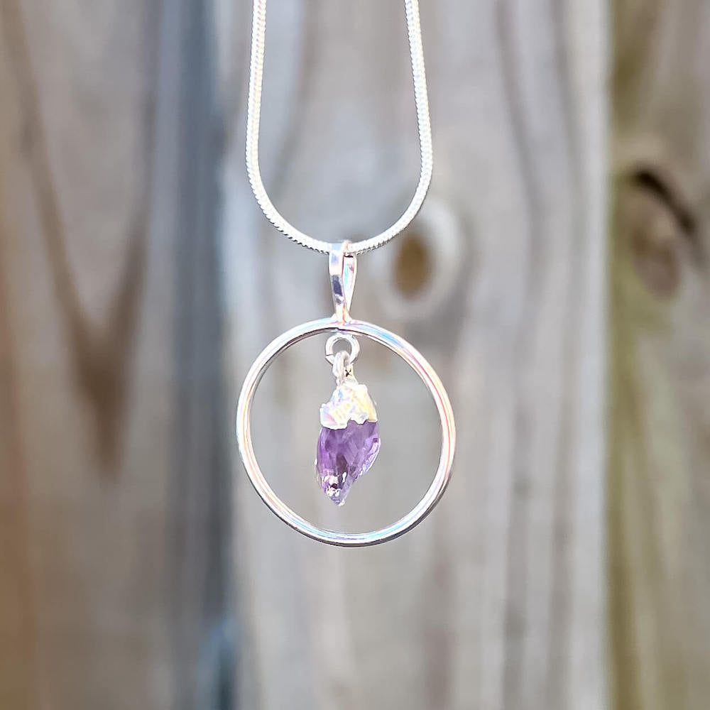 Buy Amethyst Necklace - Amethyst Gemstone Jewelry, Amethyst Silver Pendant Necklace at Magic Crystals. Shop for Amethyst jewelry with FREE SHIPPING AVAILABLE. Amethyst is best for Motivation. Spiral Wire Wrapped necklace. Wire-wrapped Amethyst Stone Necklace. Purple stone necklace