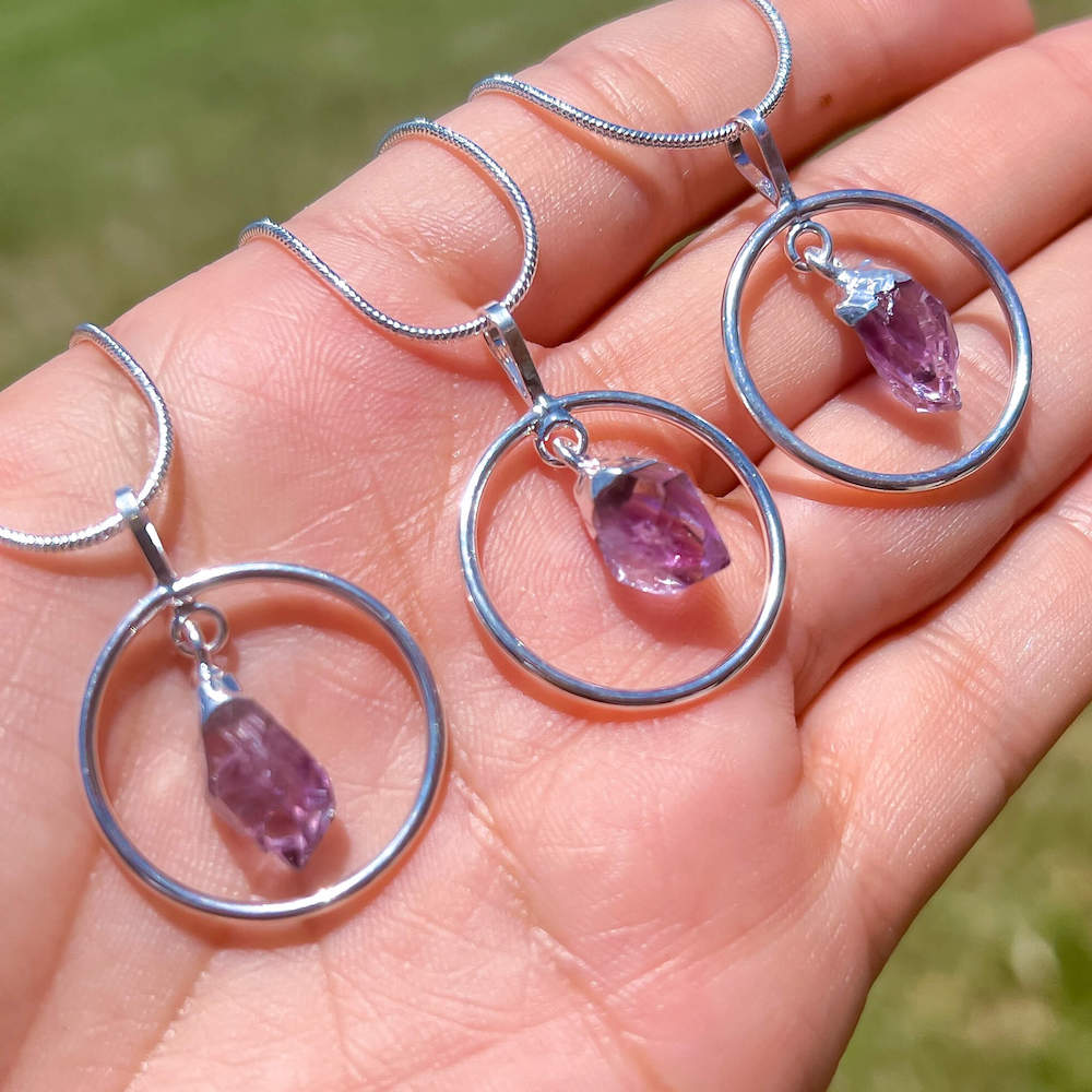Buy Amethyst Necklace - Amethyst Gemstone Jewelry, Amethyst Silver Pendant Necklace at Magic Crystals. Shop for Amethyst jewelry with FREE SHIPPING AVAILABLE. Amethyst is best for Motivation. Spiral Wire Wrapped necklace. Wire-wrapped Amethyst Stone Necklace. Purple stone necklace