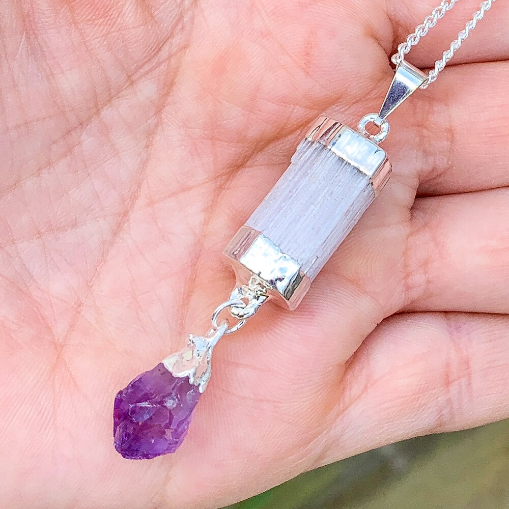 Looking for a Selenite Necklace or Amethyst Necklace? Raw Selenite Pendant with Amethyst, Amethyst, or Quartz crystal point are available at Magic crystals. We carry genuine Selenite, Amethyst stones. FREE SHIPPING available. Selenite necklace - selenite crystal - healing crystals and stones.