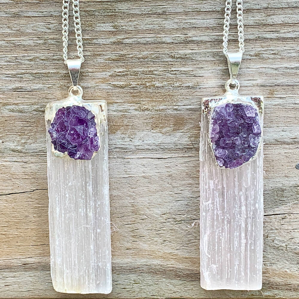 Looking for a Selenite Necklace or Amethyst Necklace? Selenite and Amethyst Pendant with Chain and Selenite and Amethyst Necklace are available at Magic crystals. We carry genuine Selenite, Amethyst stones. This necklace is used for Money Stone, Cleansing Pendant, and Stress Relief. FREE SHIPPING available.