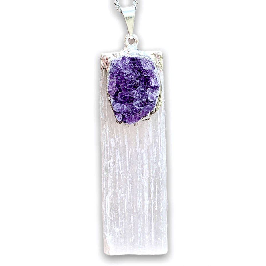 Looking for a Selenite Necklace or Amethyst Necklace? Selenite and Amethyst Pendant with Chain and Selenite and Amethyst Necklace are available at Magic crystals. We carry genuine Selenite, Amethyst stones. This necklace is used for Money Stone, Cleansing Pendant, and Stress Relief. FREE SHIPPING available.