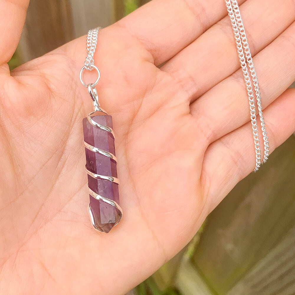 Buy Amethyst Necklace - Amethyst Gemstone Jewelry, Natural Amethyst Gemstone Single-Terminated Gemstone Points wrapped at Magic Crystals. Shop for Amethyst jewelry with FREE SHIPPING AVAILABLE. Amethyst is best for Motivation. Spiral Wire Wrapped necklace. Wire-wrapped Amethyst Stone Necklace. Purple stone necklace
