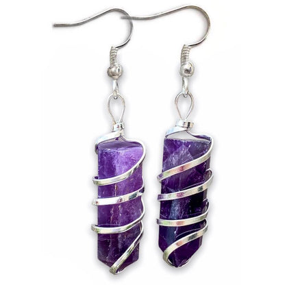 Looking for Gemstone Earrings? Gemstone Jewelry, Natural Gemstone Single-Terminated Gemstone Points wrapped at Magic Crystals. Jewelry: FREE SHIPPING AVAILABLE. Moonstone is best for healing. Spiral Wire Wrapped earring. Wire-wrapped Moonstone Stone dangle earring