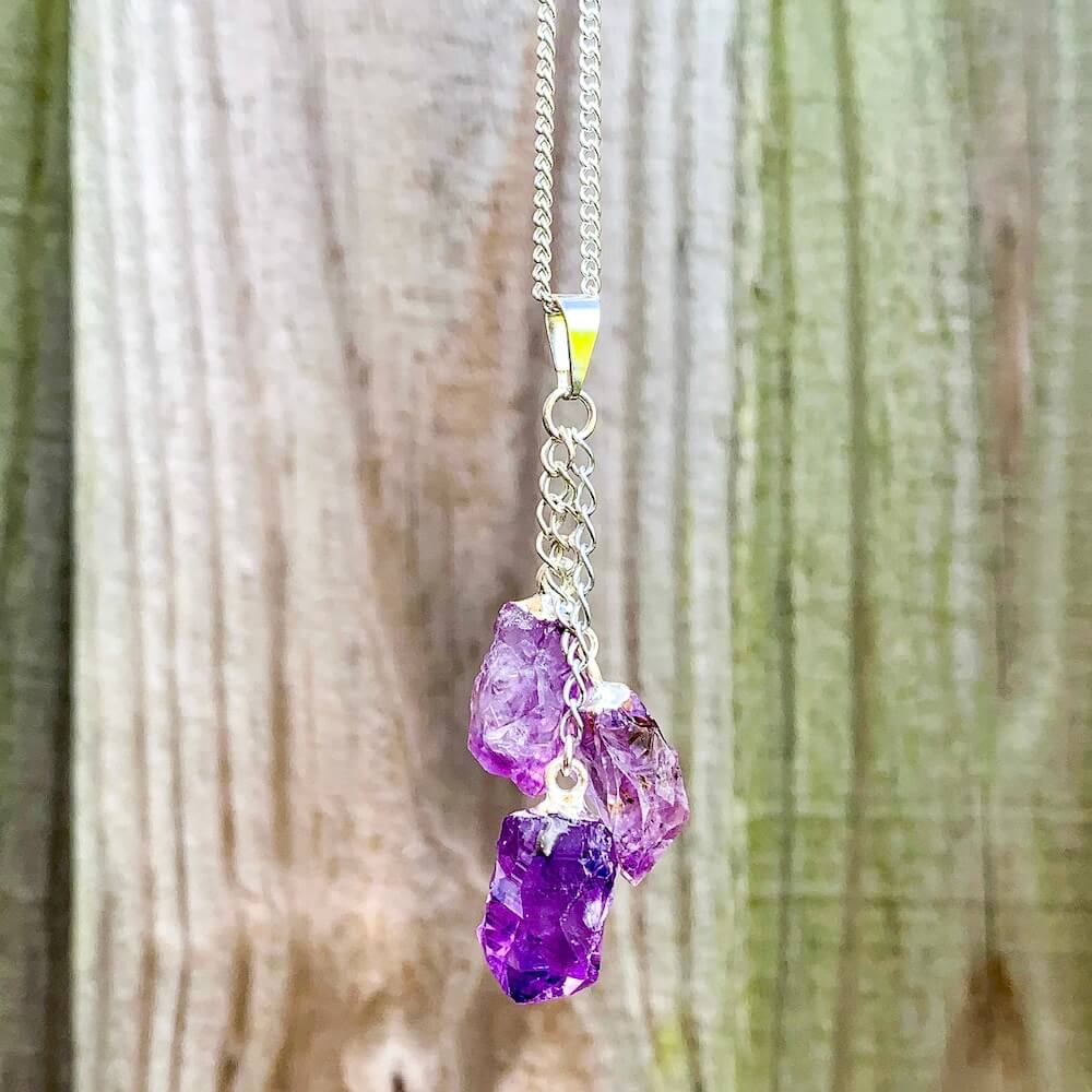 Beautiful Amethyst Cluster Pendant - genuine high-quality amethyst from Brazil made into a pendant with Silver Chain Necklace with a Lobster claw clasp. Triple Raw Amethyst Pendant Necklace for Healing - FREE SHIPPING. Amethyst helps relieve stress.