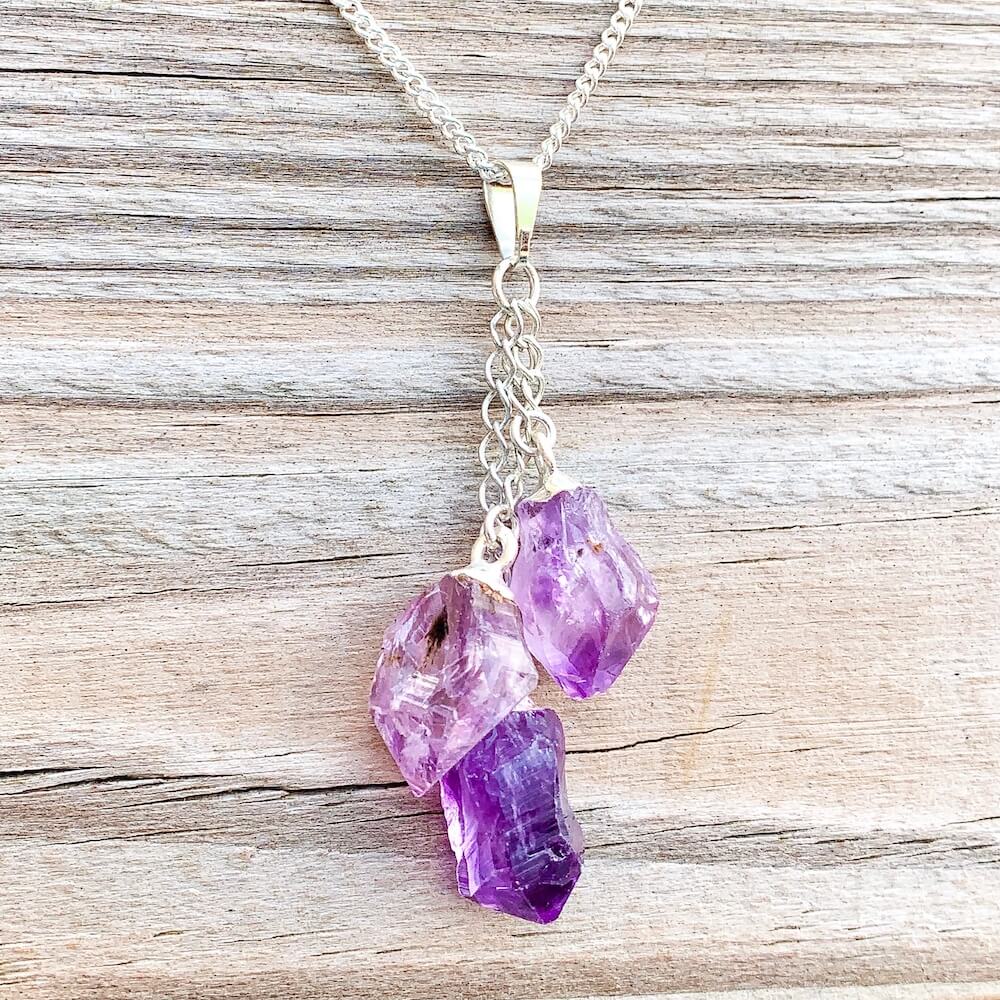 Beautiful Amethyst Cluster Pendant - genuine high-quality amethyst from Brazil made into a pendant with Silver Chain Necklace with a Lobster claw clasp. Triple Raw Amethyst Pendant Necklace for Healing - FREE SHIPPING. Amethyst helps relieve stress.