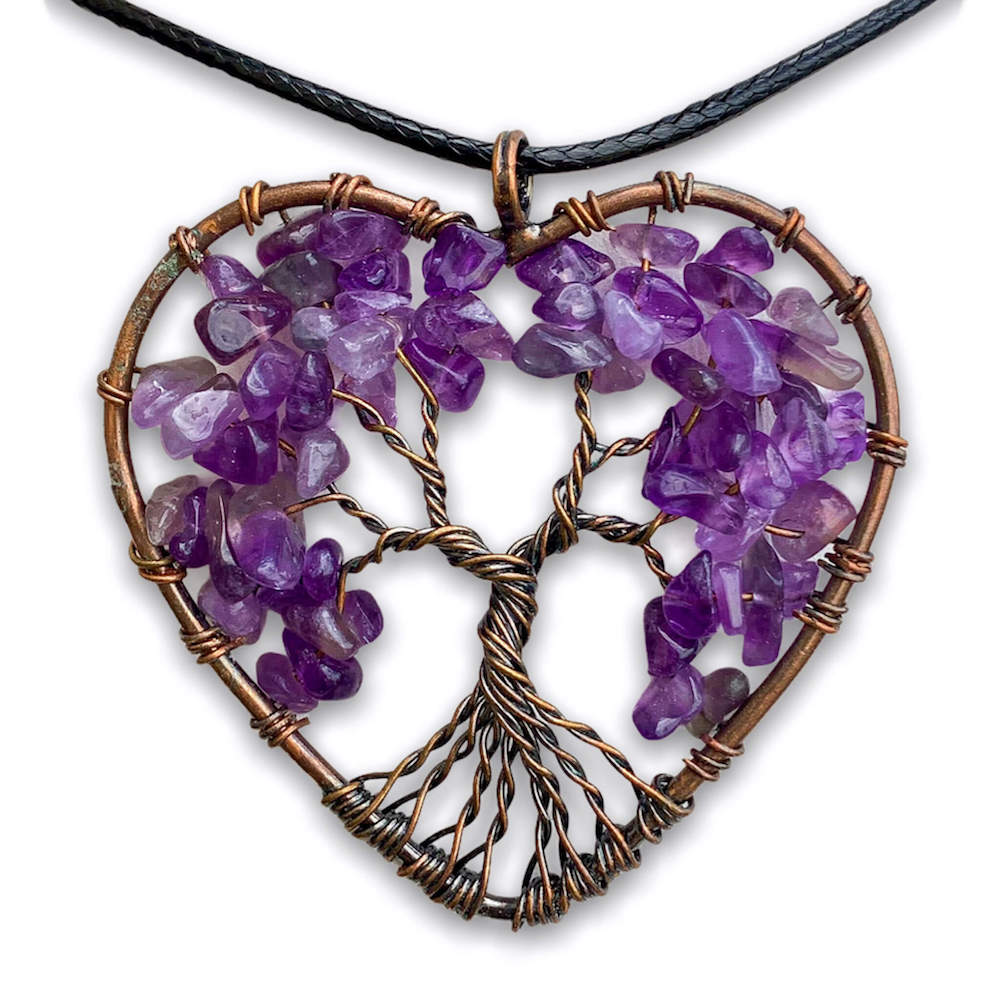 Amethyst -Tree-of-Life-Copper-Wire-Heart-Necklace. Looking for Copper Jewelry? Magic Crystals offers handmade Heart Copper Wire Wrapped,  Tree Of Life,  Hematite Pendant Necklace, 7th Anniversary Gift, Yggdrasil Necklace for Him or Her Gift. Heart Gift perfect for any occasion. Heart Necklace With gemstones. Tree of Life made of copper in a pendant necklace.