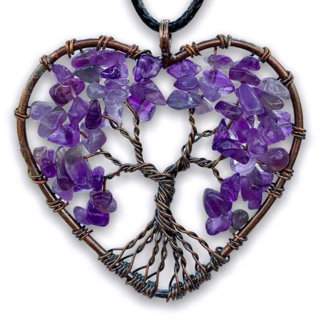 Amethyst -Tree-of-Life-Copper-Wire-Heart-Necklace. Looking for Copper Jewelry? Magic Crystals offers handmade Heart Copper Wire Wrapped,  Tree Of Life,  Hematite Pendant Necklace, 7th Anniversary Gift, Yggdrasil Necklace for Him or Her Gift. Heart Gift perfect for any occasion. Heart Necklace With gemstones. Tree of Life made of copper in a pendant necklace.