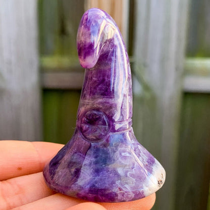 Amethyst Witch-Hat. Looking for Carved Gemstone? Shop at Magic Crystals for Beautiful Crystal Witch Caps made of genuine Fluorite, Opalite, Amethyst, Clear Quartz, Black Obsidian. Gemstone Hand Carved Wizard Magic Hat Statue Decoration, Reiki Healing Quartz Sculpture, Powwow Hat. Home Decor. Gemstone 2" - Witches Hat.