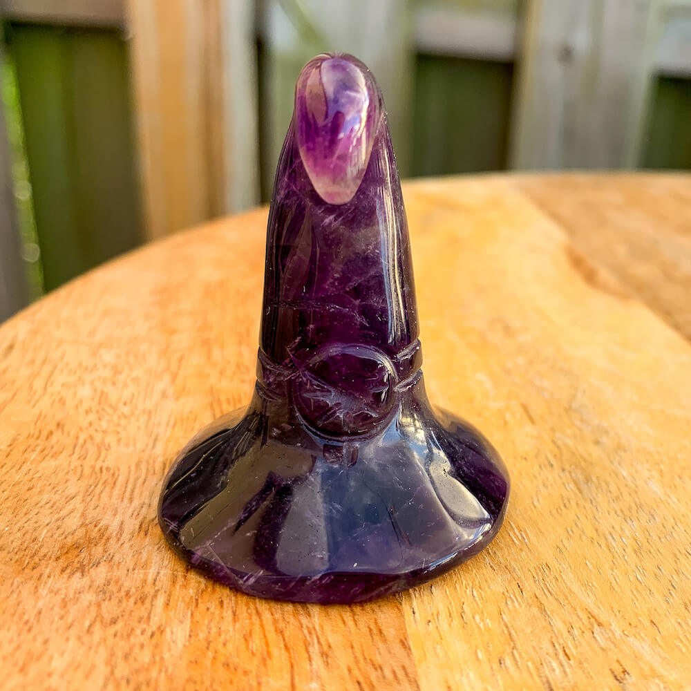 Amethyst Witch-Hat. Looking for Carved Gemstone? Shop at Magic Crystals for Beautiful Crystal Witch Caps made of genuine Fluorite, Opalite, Amethyst, Clear Quartz, Black Obsidian. Gemstone Hand Carved Wizard Magic Hat Statue Decoration, Reiki Healing Quartz Sculpture, Powwow Hat. Home Decor. Gemstone 2" - Witches Hat.