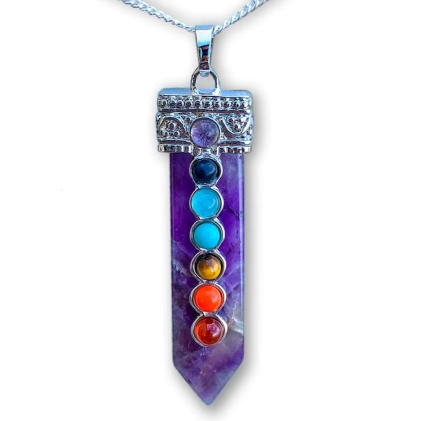 Amethyst-seven-chakras-necklace.ooking for Chakra Jewelry? Shop for 7 Chakra Single Point Pendant Necklace at Magic Crystals. This pendant features seven stones that connect with the seven chakras all aligned atop a crystal point. chakra necklace, 7 chakra stones, yoga necklace with crystal gemstones. handmade crystals, gifts for her, gifts for him