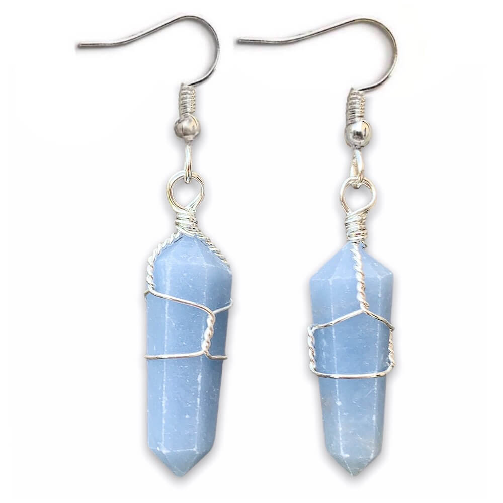 Blue Angelite Stone Wired Wrap Crystal Double Point Earrings