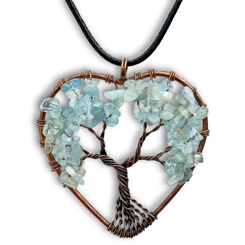 Aquamarine -Tree-of-Life-Copper-Wire-Heart-Necklace. Looking for Copper Jewelry? Magic Crystals offers handmade Heart Copper Wire Wrapped,  Tree Of Life,  Hematite Pendant Necklace, 7th Anniversary Gift, Yggdrasil Necklace for Him or Her Gift. Heart Gift perfect for any occasion. Heart Necklace With gemstones. Tree of Life made of copper in a pendant necklace.