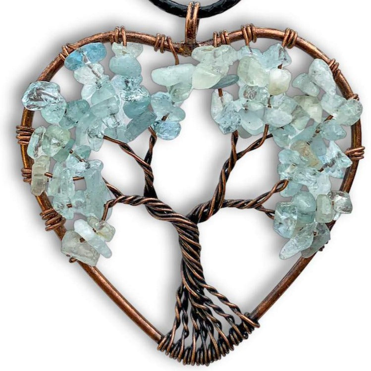 Aquamarine -Tree-of-Life-Copper-Wire-Heart-Necklace. Looking for Copper Jewelry? Magic Crystals offers handmade Heart Copper Wire Wrapped,  Tree Of Life,  Hematite Pendant Necklace, 7th Anniversary Gift, Yggdrasil Necklace for Him or Her Gift. Heart Gift perfect for any occasion. Heart Necklace With gemstones. Tree of Life made of copper in a pendant necklace.