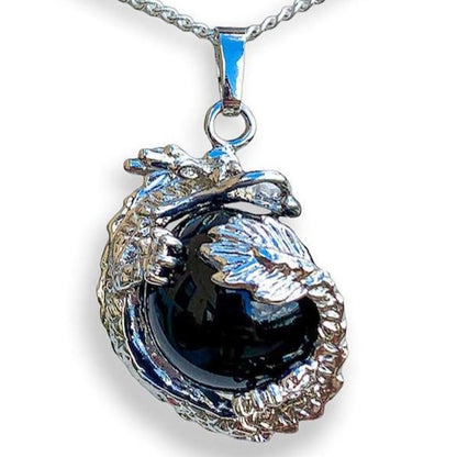 Black-Agate-Sphere Dragon Pendant Necklace - Dragon Necklace - Magic Crystals