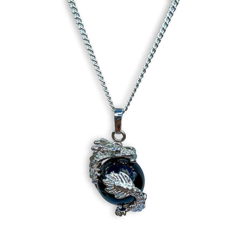 Black-Agate-Sphere Dragon Pendant Necklace - Dragon Necklace - Magic Crystals