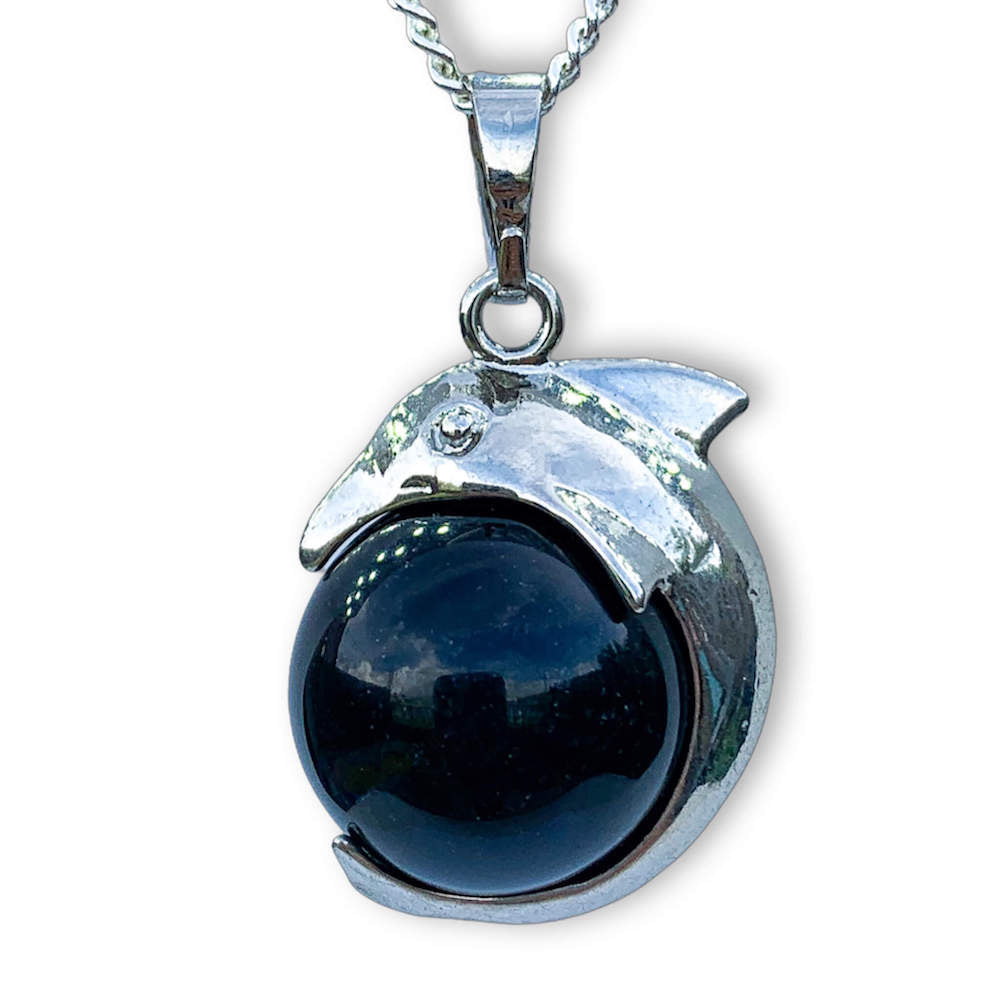   Black-Onyx-Sphere-Dolphin-Pendant-Necklace. Dolphin Necklace - Elegant Ocean-Themed Jewelry for Women Dolphin Charm Necklace at Magic Crystals. Boho Style Jewelry with Natural Gemstones. Stone Carved Dolphin Necklace Pendant, Beach Surf Ocean Boho Gemstone Whale Fairtrade Gift. These beautiful stone necklaces are all hand carved.