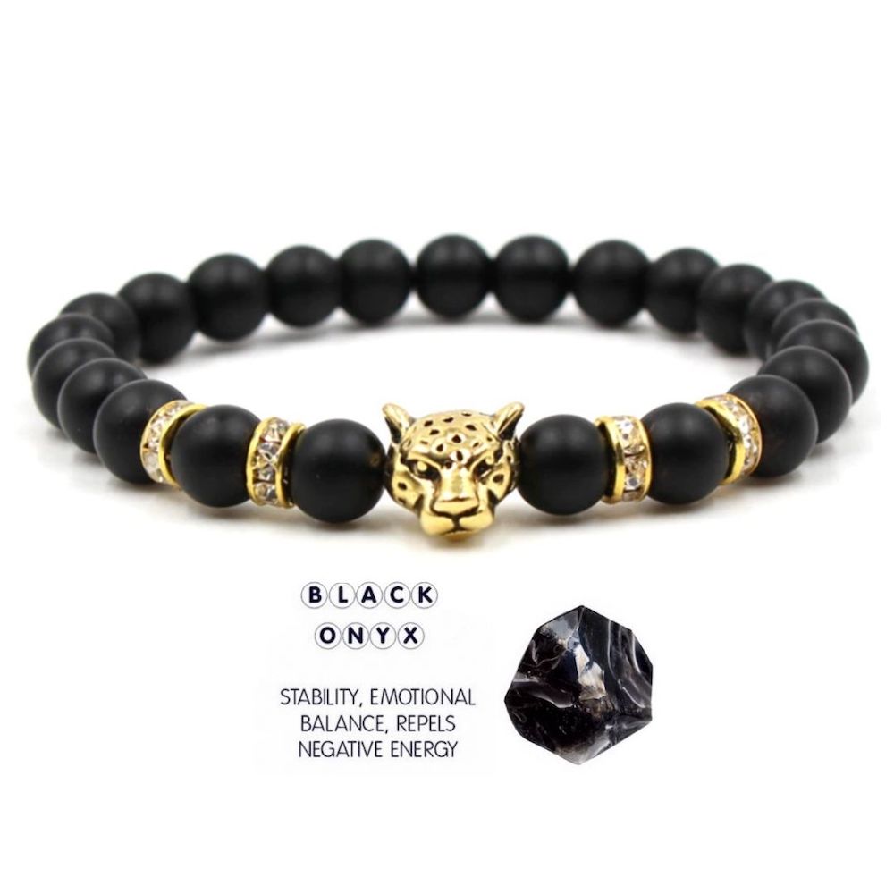 Black Onyx Gemstone Golden Leopard Bracelet - Onyx Jewelry at Magic Crystals. BLACK ONYX BRACELET. Black onyx bracelet men. Check out Magic Crystals for the very best selection of black onyx bead bracelets. Onyx Bracelet. EMF Protection, grounding. FREE SHIPPING AVAILABLE.