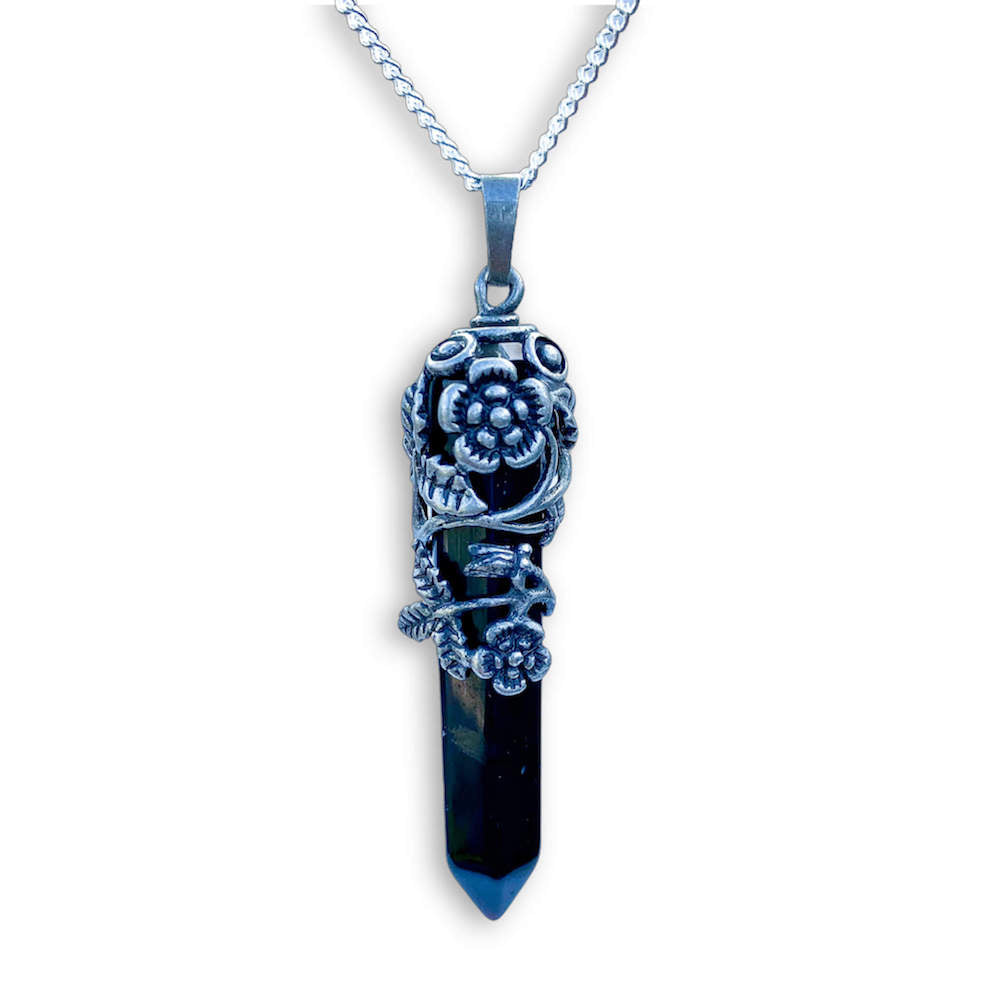 Black Agate Flower Pendant Necklaces: Wrapped Necklace - Magic Crystals  - Flower Necklace