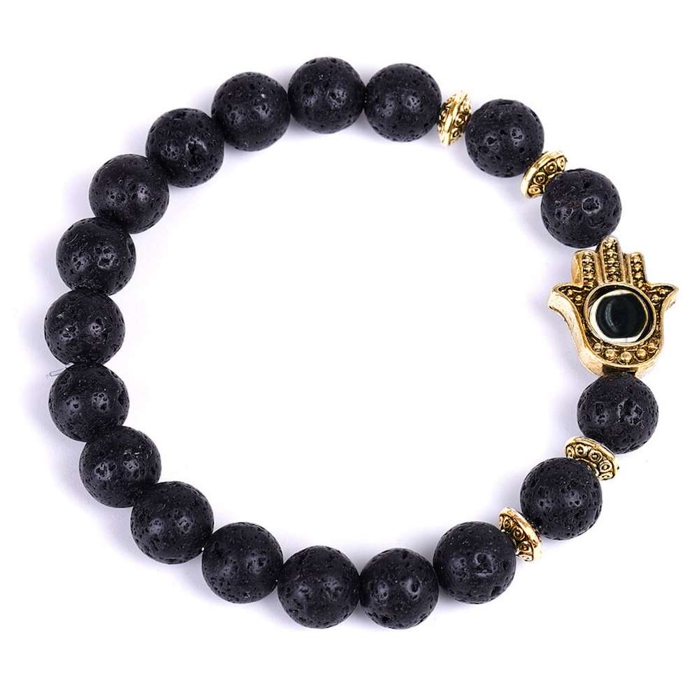 Looking for Lava Jewelry? Shop at Magic Crystals for Lava Stone golden Hamsa Bracelet. Lava Stone is the igneous volcanic rock that is basically molten lava that has solidified under intense pressure and heat. It is a stone of strength, fire, passion and courage. Black gemstone bracelet. FREE SHIPPING available.