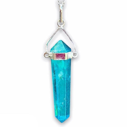 Looking for Blue Aura Points, Blue Quartz Double Point? Shop at Magic Crystals for a variety of Blue Aura Quartz Crystal Necklace - Sterling Silver Healing Gemstone Aura Quartz Necklace, Blue Aura Quartz Pendant, Healing Jewelry. Raw Blue Aura Quartz Crystal Necklace, Raw Crystal Point Pendant, Necklace for Men Women