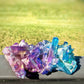 Shop for Aura Quartz cluster points. Purple Aura Crystal Point Aura Stone Flashy Rainbow Aura Crystal Point at Magic Crystals. Blue Aqua Aura & Purple Aura Quartz Cluster 374 grams at magiccrystals.com are Clear Quartz bonded with Platinum which results in a lovely raspberry rose, blue, and a purple metallic sheen.