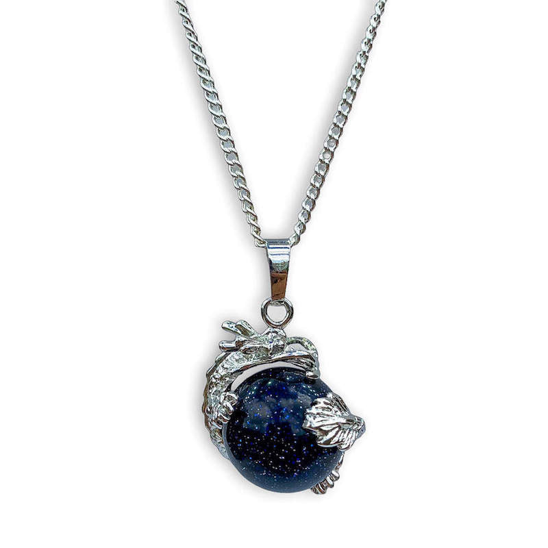    Blue-Sandstone Sphere Dragon Pendant Necklace - Dragon Necklace - Magic Crystals