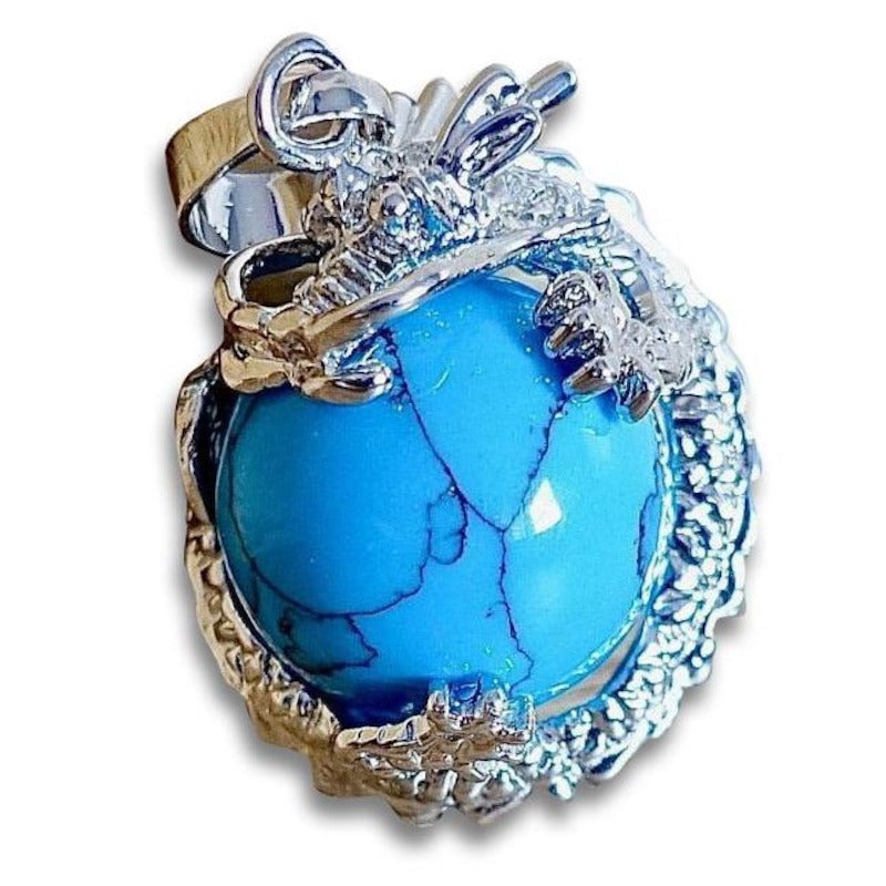    Blue-Turquoise Sphere Dragon Pendant Necklace - Dragon Necklace - Magic Crystals