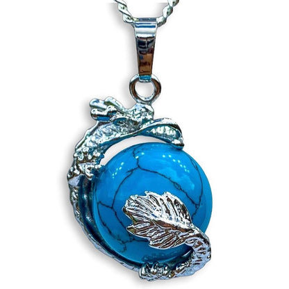    Blue-Turquoise Sphere Dragon Pendant Necklace - Dragon Necklace - Magic Crystals