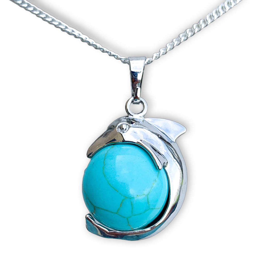 Blue Turquoise Sphere Dolphin Pendant Necklace - Dolphin Necklace - Magic Crystals
