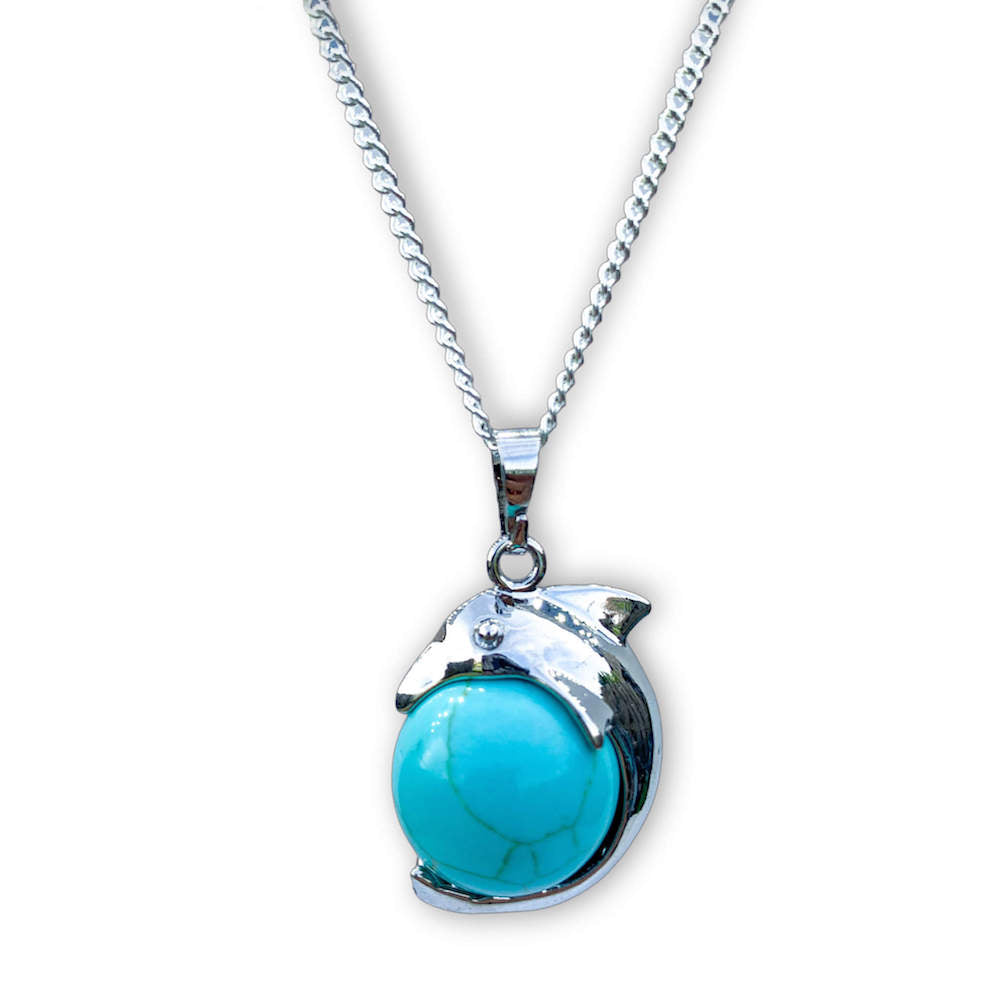Blue Turquoise Sphere Dolphin Pendant Necklace - Dolphin Necklace - Magic Crystals