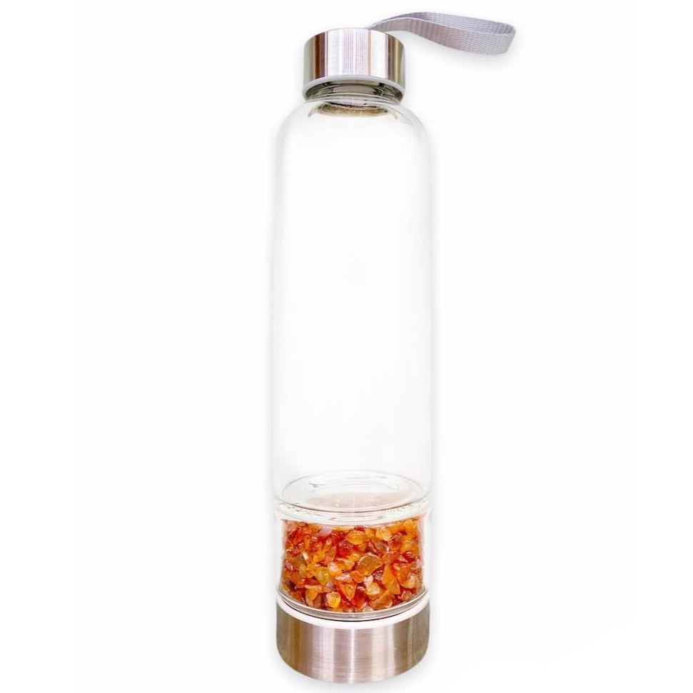 Looking for Authentic Tumbled Crystal Water Bottle | Glass and Stainless Steel Water Bottle? Shop at Magic Crystals for tumbled Carnelian healing crystals water bottles. 400 - 500 ml Tumbled Gemstone Unique Mineral Collection Gift. Gem Elixir Water Bottle with FREE SHIPPING AVAILABLE.