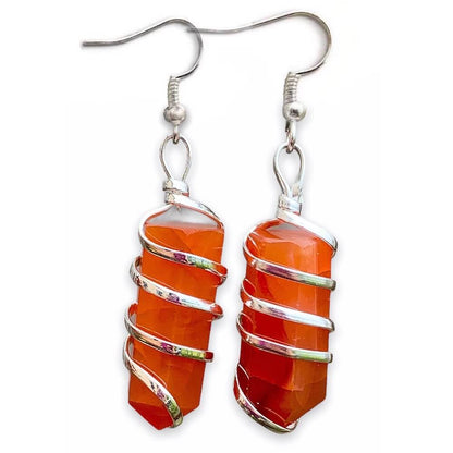 Looking for Gemstone Earrings? Gemstone Jewelry, Natural Gemstone Single-Terminated Gemstone Points wrapped at Magic Crystals. Jewelry: FREE SHIPPING AVAILABLE. Moonstone is best for healing. Spiral Wire Wrapped earring. Wire-wrapped Moonstone Stone dangle earring