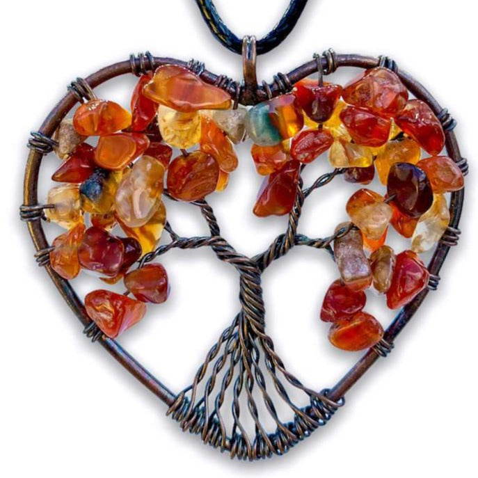 Carnelian -Tree-of-Life-Copper-Wire-Heart-Necklace. Looking for Copper Jewelry? Magic Crystals offers handmade Heart Copper Wire Wrapped,  Tree Of Life,  Hematite Pendant Necklace, 7th Anniversary Gift, Yggdrasil Necklace for Him or Her Gift. Heart Gift perfect for any occasion. Heart Necklace With gemstones. Tree of Life made of copper in a pendant necklace.