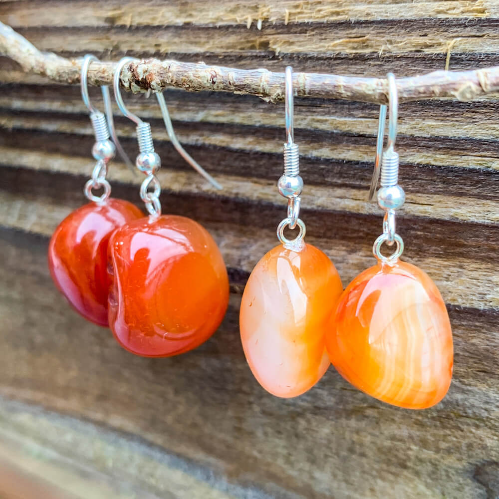 Looking for Carnelian Earrings? Carnelian Gemstone Jewelry, Natural Carnelian Gemstone Single-Terminated Gemstone stone polished at Magic Crystals. Carnelian Jewelry: FREE SHIPPING AVAILABLE. Carnelian is best for healing. Tumbled earring. Wire-wrapped Carnelian Stone dangle earrings. ORANGE earrings.