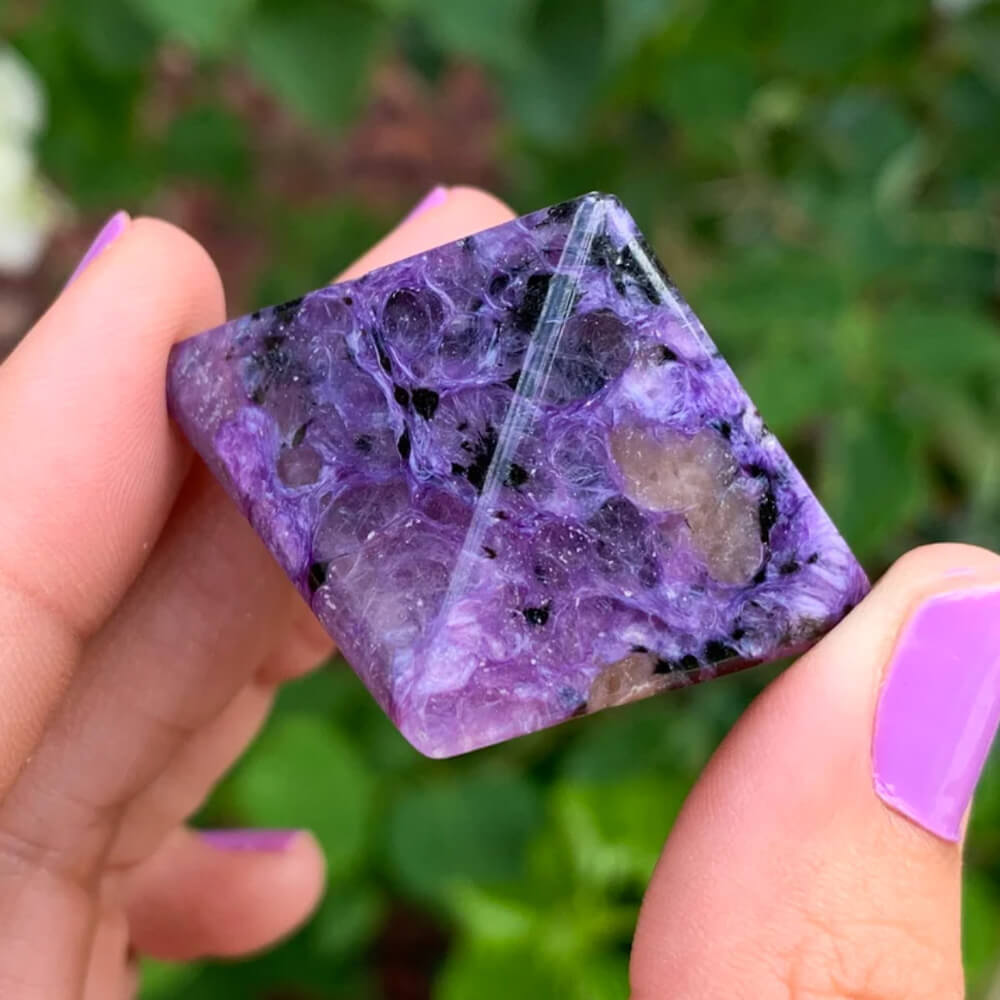 Charoite "Stone of The Dragon" Pyramid from Russia. High Quality, Russian Natural Purple Stone, Polished Crystal, Spiritual Gifts. Charoite is known as a soul stone that can provide strong physical and emotional healing energies. FREE SHIPPING available. Natural Charoite Gemstone. Natural Russian Charoite.