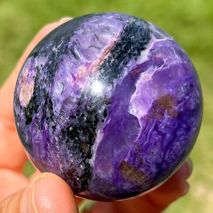 Charoite "Stone of The Dragon" Sphere from Russia. High Quality, Russian Natural Purple Stone, Polished Crystal, Spiritual Gifts. Charoite is known as a soul stone that can provide strong physical and emotional healing energies. FREE SHIPPING available. Natural Charoite Gemstone. Natural Russian Charoite.