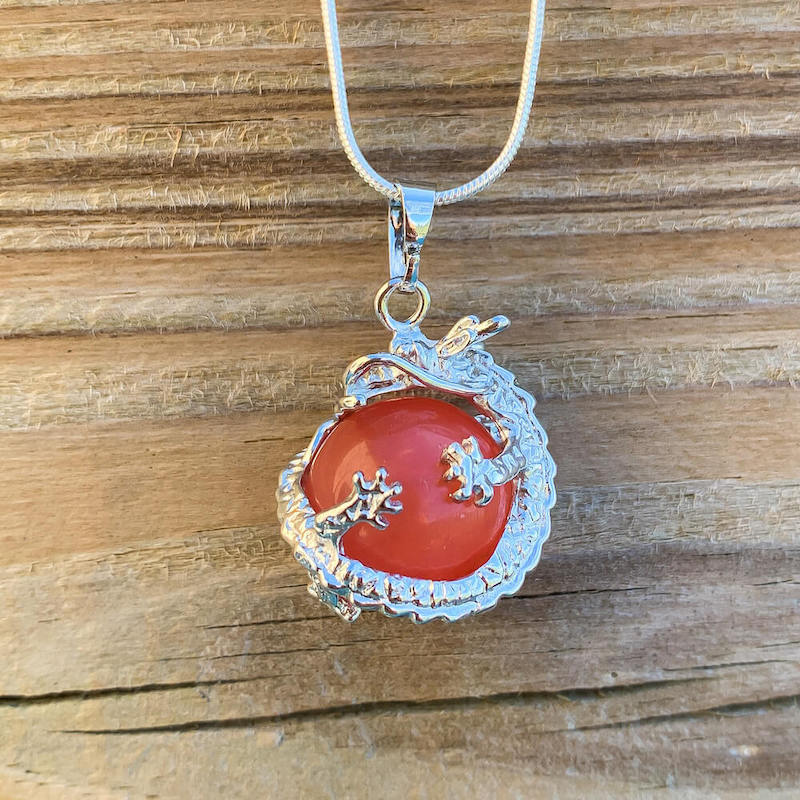Cherry-Quartz-Sphere Dragon Pendant Necklace - Dragon Necklace - Magic Crystals