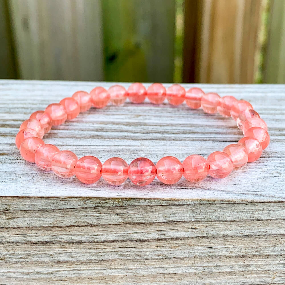 Looking for Cherry Quartz Bead Stretchy String Bracelet? Shop at Magic Crystals for Cherry Quartz Jewelry. Cherry Quartz Stone Bracelets are good for love, harmony, and romance. Cherry Quartz Is often called the "Love Stone."  Natural Gemstone bracelets with Free Shipping available.