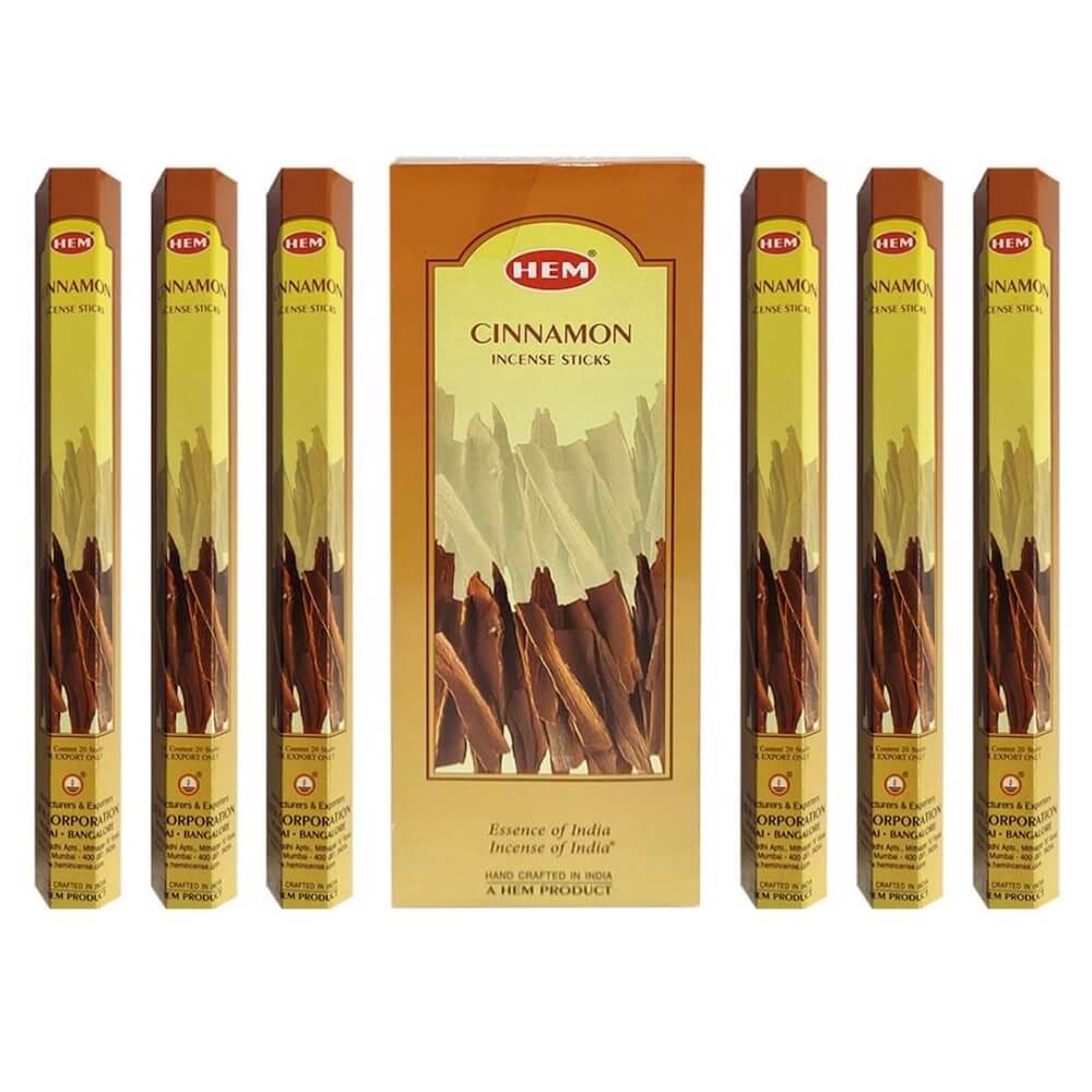 HEM Cinnamon- Canela Incense Sticks, 120 Count - Magic Crystals. Quality incense from HEM, one of the leading incense makers in India. Box containing six 20 stick tubes of incense, for 120 sticks total. HEM is world famous for its traditional incense made from select woods, resin.