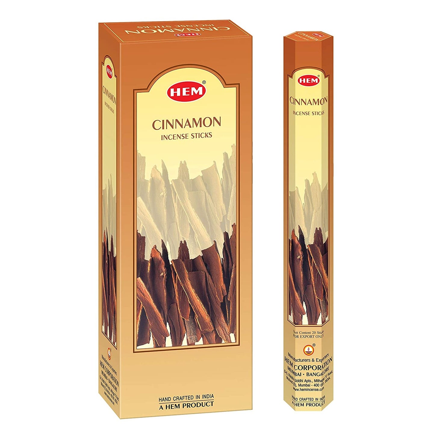 HEM Cinnamon- Canela Incense Sticks, 120 Count - Magic Crystals. Quality incense from HEM, one of the leading incense makers in India. Box containing six 20 stick tubes of incense, for 120 sticks total. HEM is world famous for its traditional incense made from select woods, resin.
